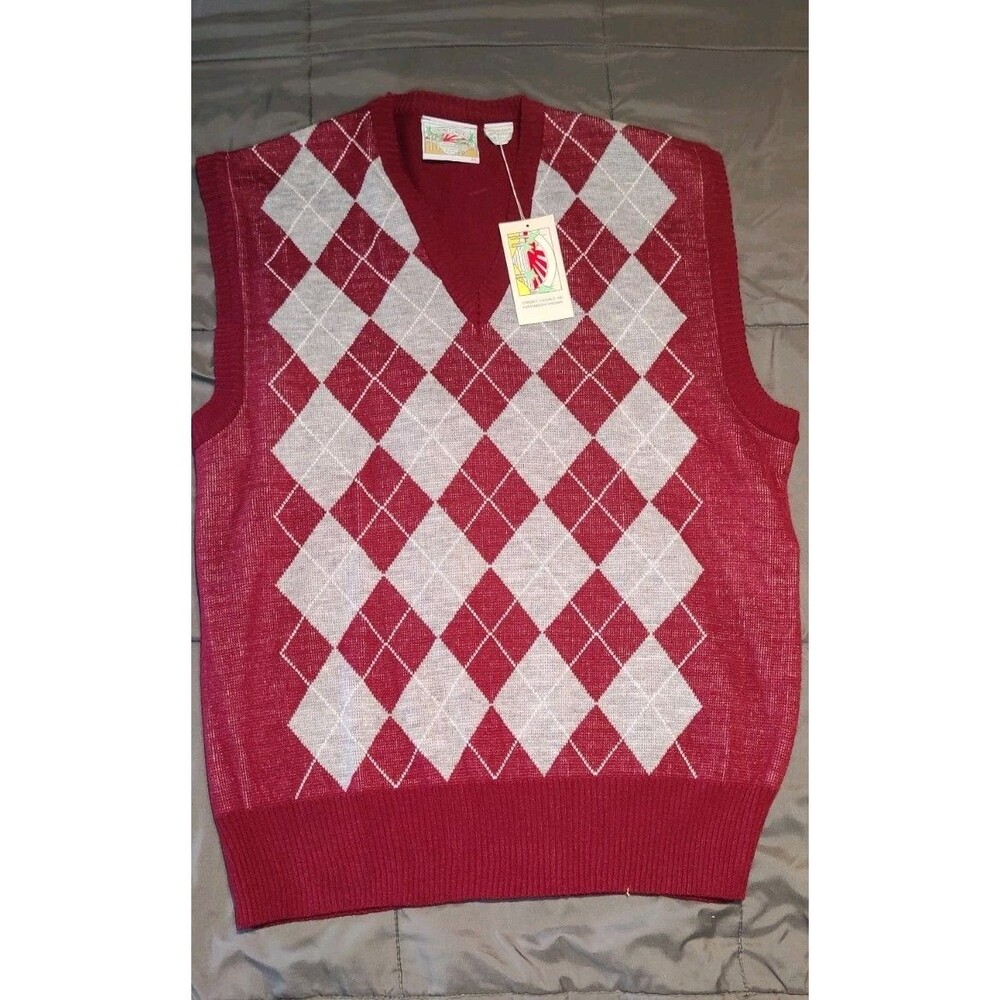 Vtg Coronet Casuals Mens XL Argyle Sweater Vest Burgundy NWT Grandpa